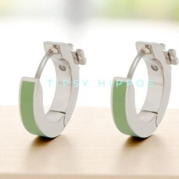 Tory Burch Kira Silver and Green Enamel Huggie Earrings - Picture 2 of 4